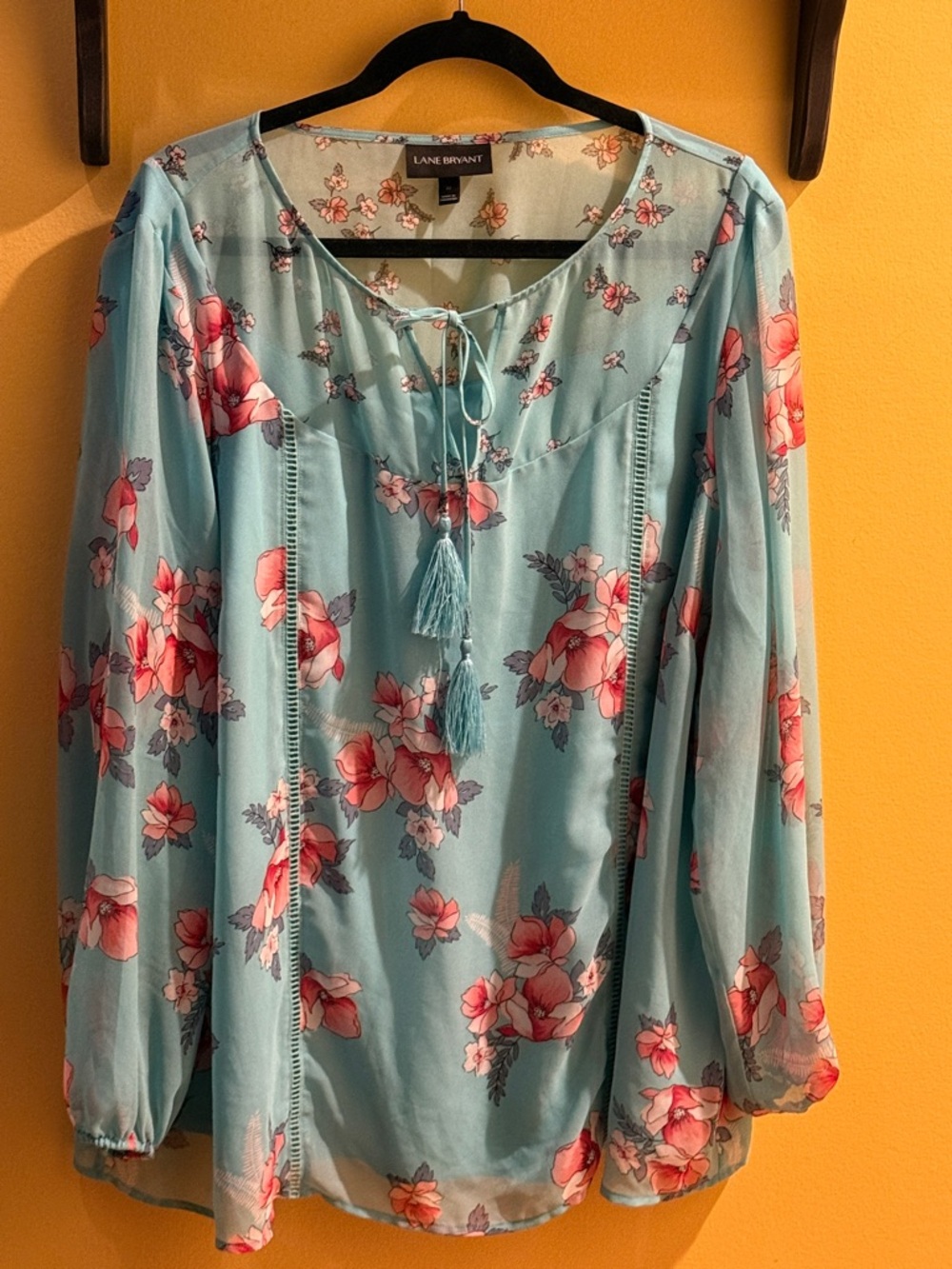 Lane Bryant Sky Blue Floral Peasant Blouse with Tassel Tie